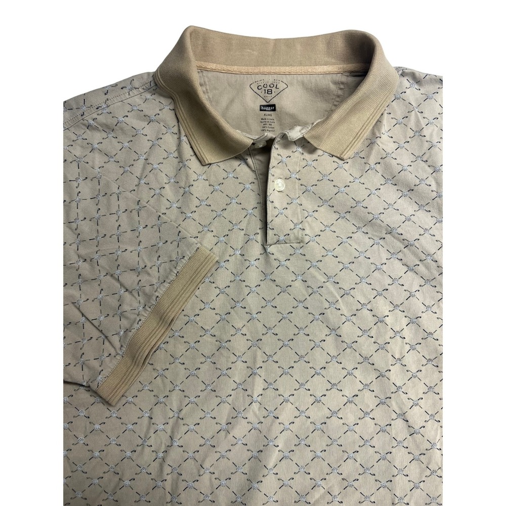 Haggar Cool 18 Mens XL Polo Shirt Tan Golf Club‎ Novelty Print 100% Cotton